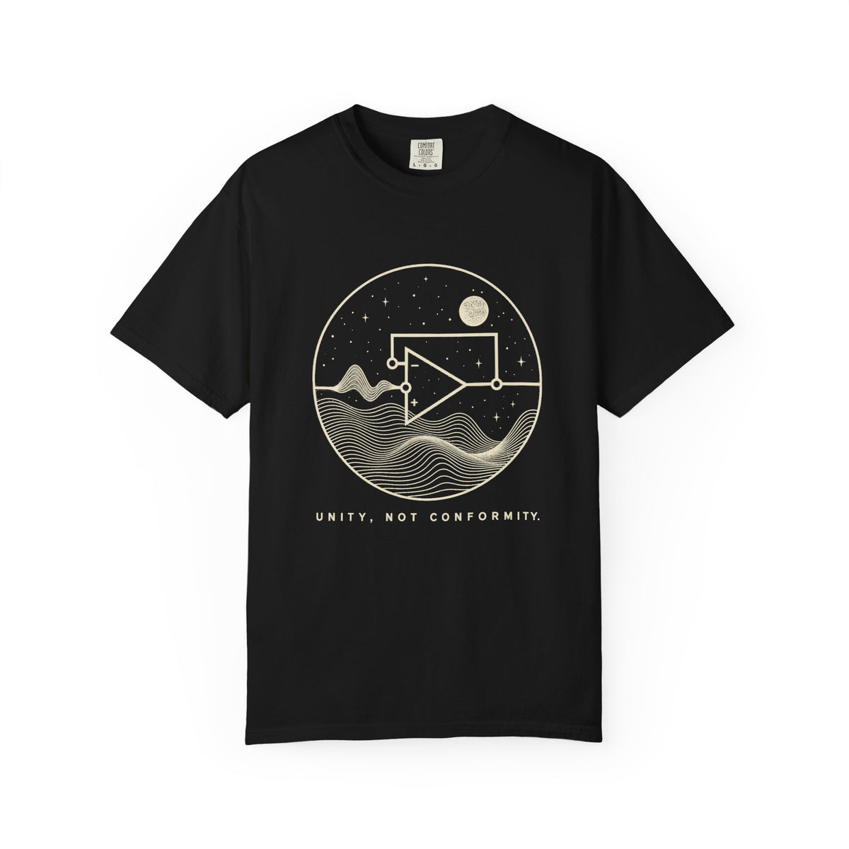 Unity, Not Conformity black tee with op-amp voltage follower print, view 1