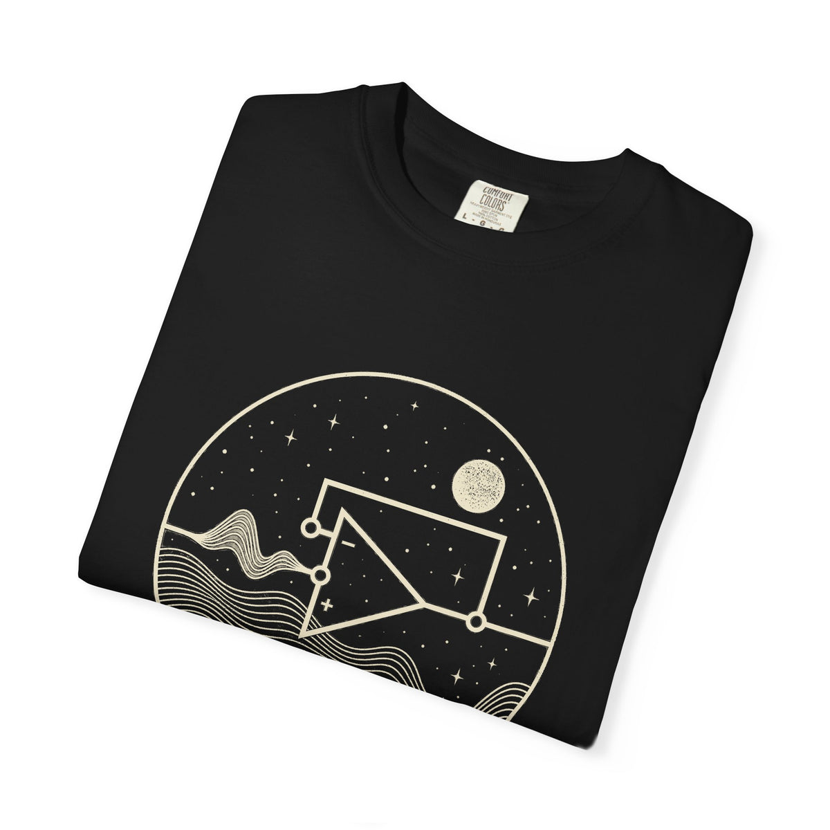 Unity, Not Conformity black tee with op-amp voltage follower print, view 3