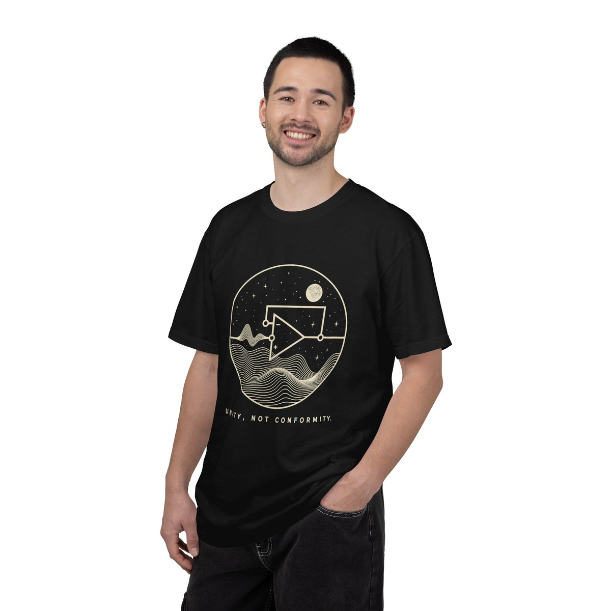 Unity, Not Conformity black tee with op-amp voltage follower print, view 5