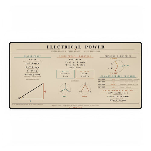 Electrical Power desk mat with power formulas and phasor diagrams on cream, top view