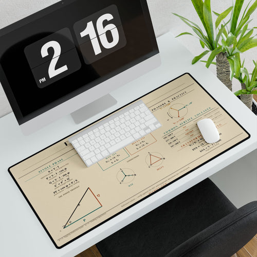 Electrical Power desk mat on a white desk with keyboard and monitor