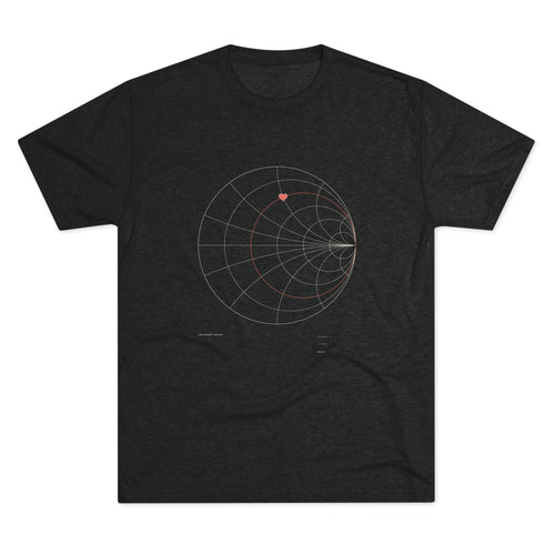 Black tee with Smith chart and heart print, front