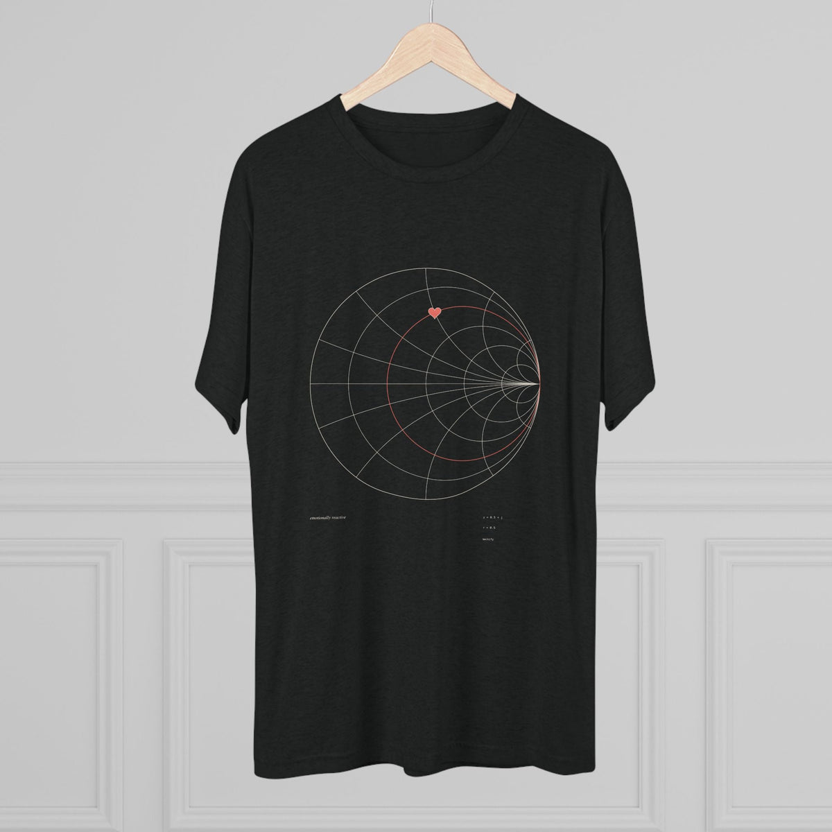 Black tee with Smith chart print on a hanger
