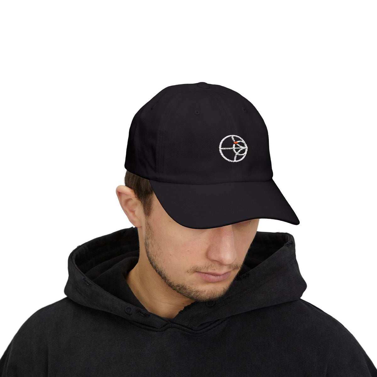 Person wearing the black I Have Complex Feelings dad cap, front view