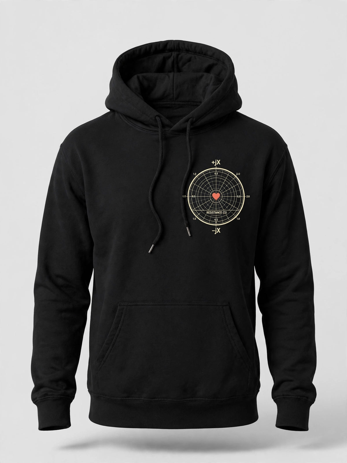 Black hoodie with Smith chart print, front on a plain background