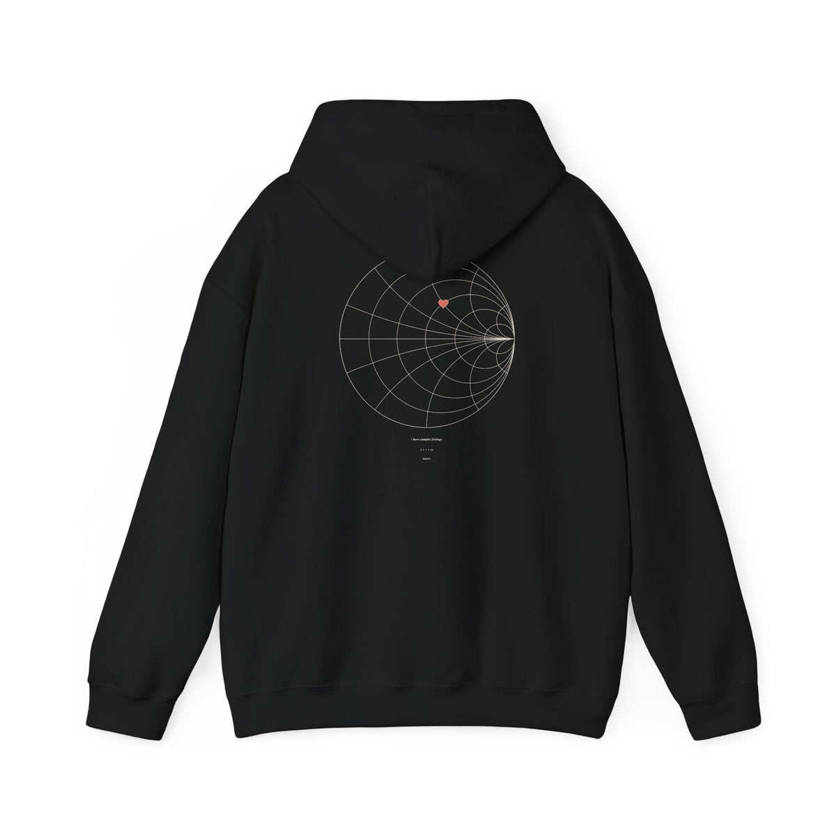 Black hoodie with Smith chart print, front, hood down