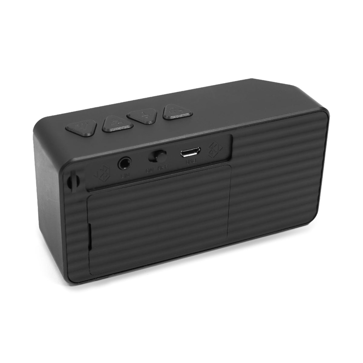 Black Bluetooth speaker, back and ports