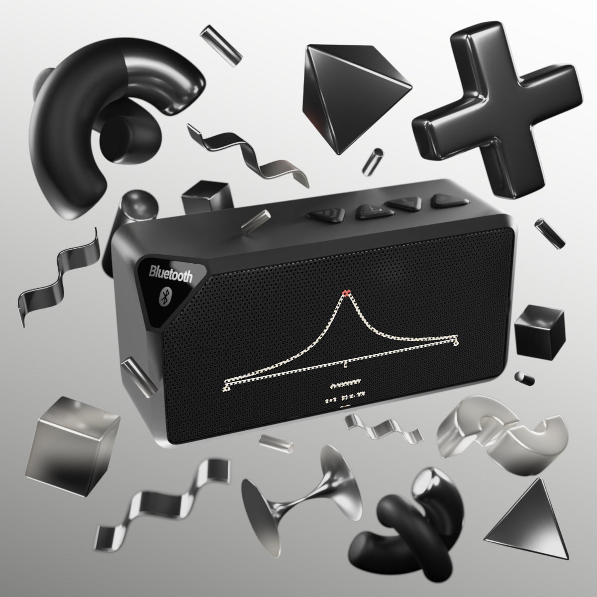 Black resonance curve speaker with abstract 3D shapes
