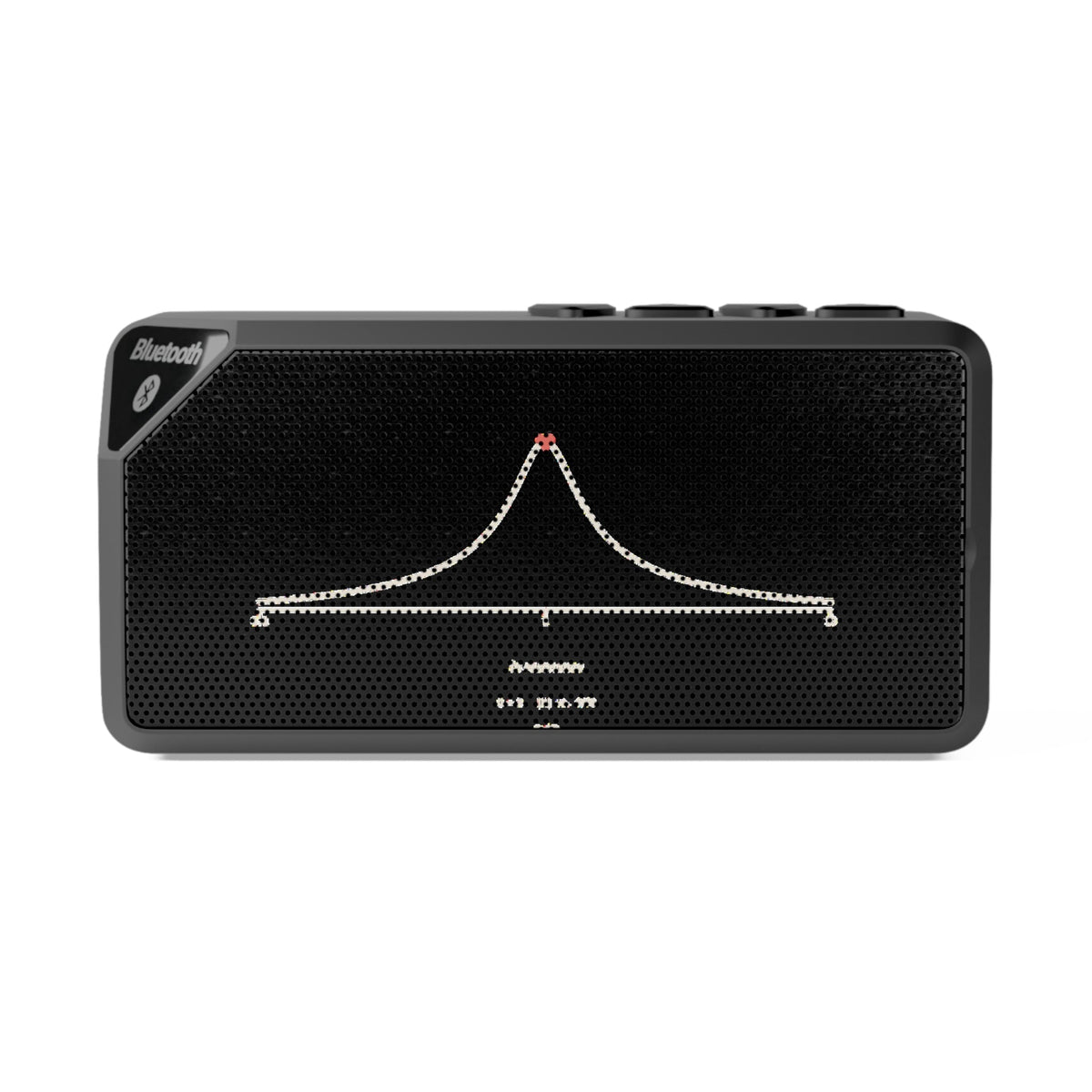 Black Bluetooth speaker with resonance curve print, front