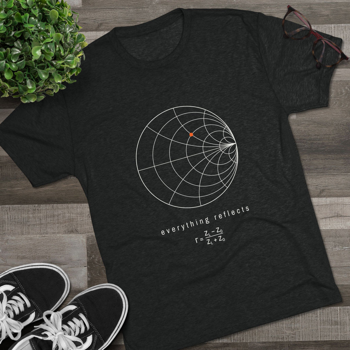 Its Complicated Tee, black, Smith chart with Everything reflects and the reflection coefficient equation, styled photo