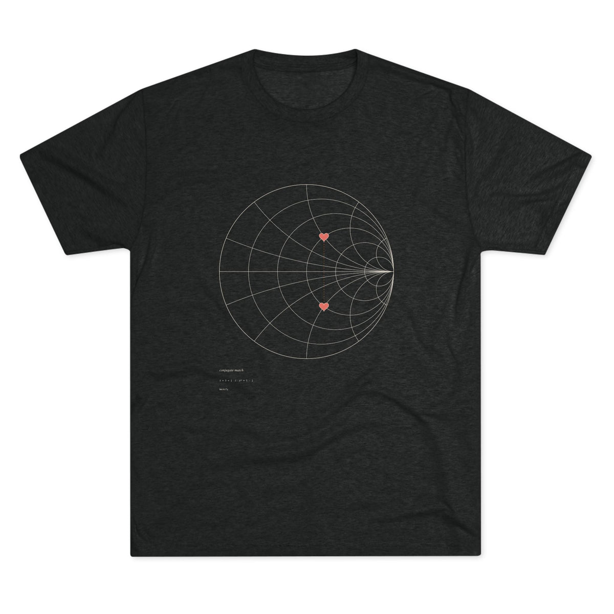 Black tee with Smith chart conjugate match print, front