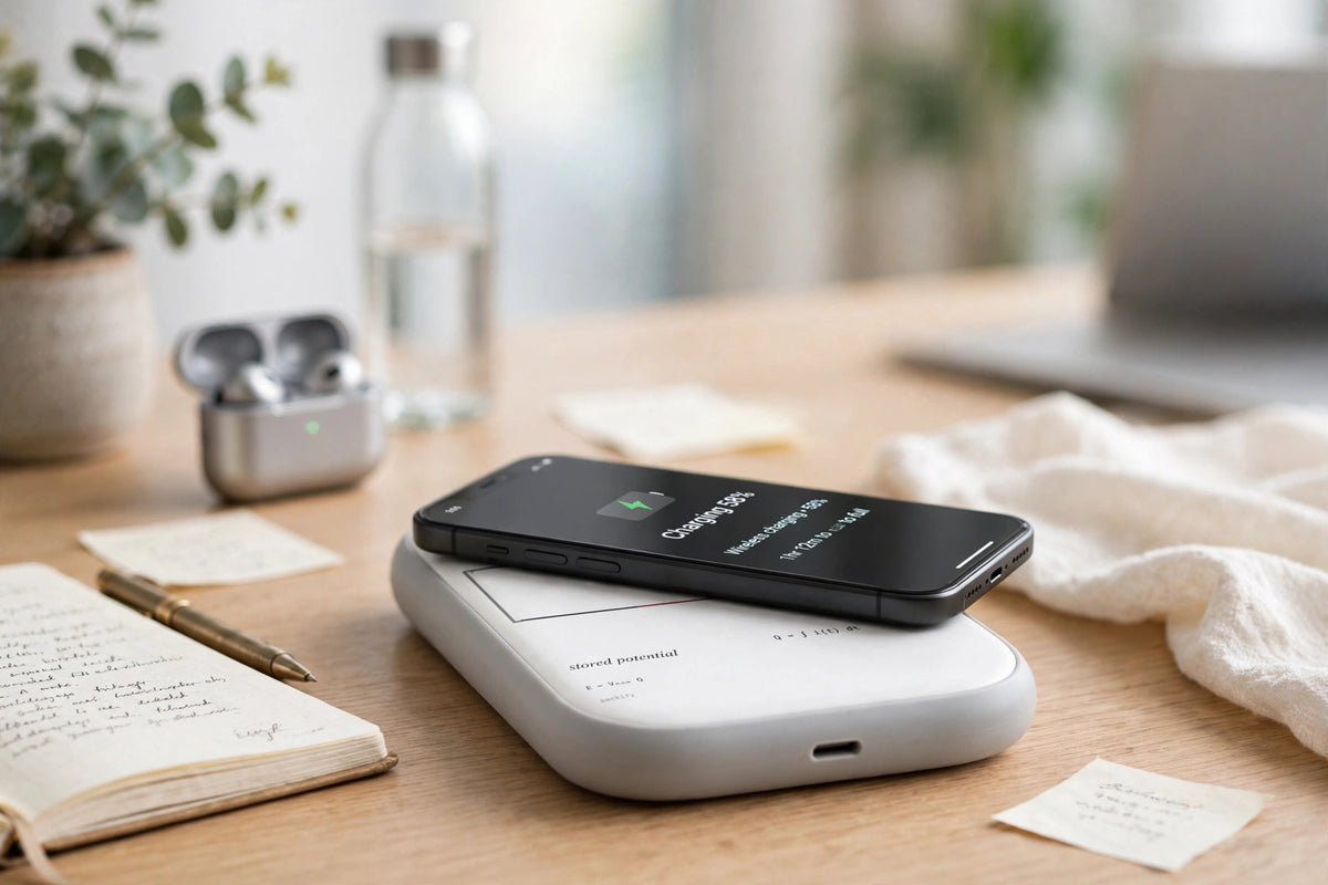 Stored Potential power bank wirelessly charging a phone on a desk