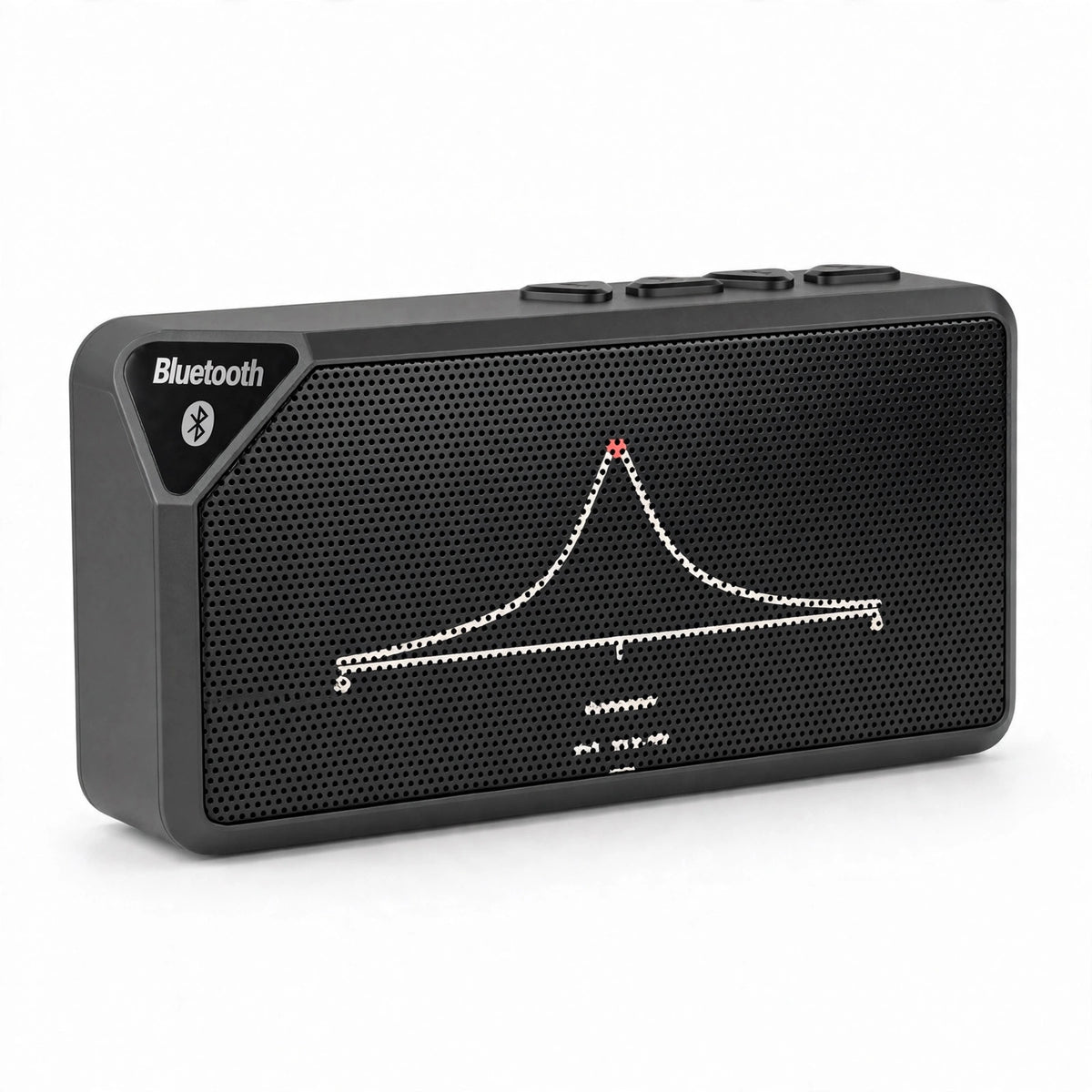 Black Bluetooth speaker with resonance curve print, front