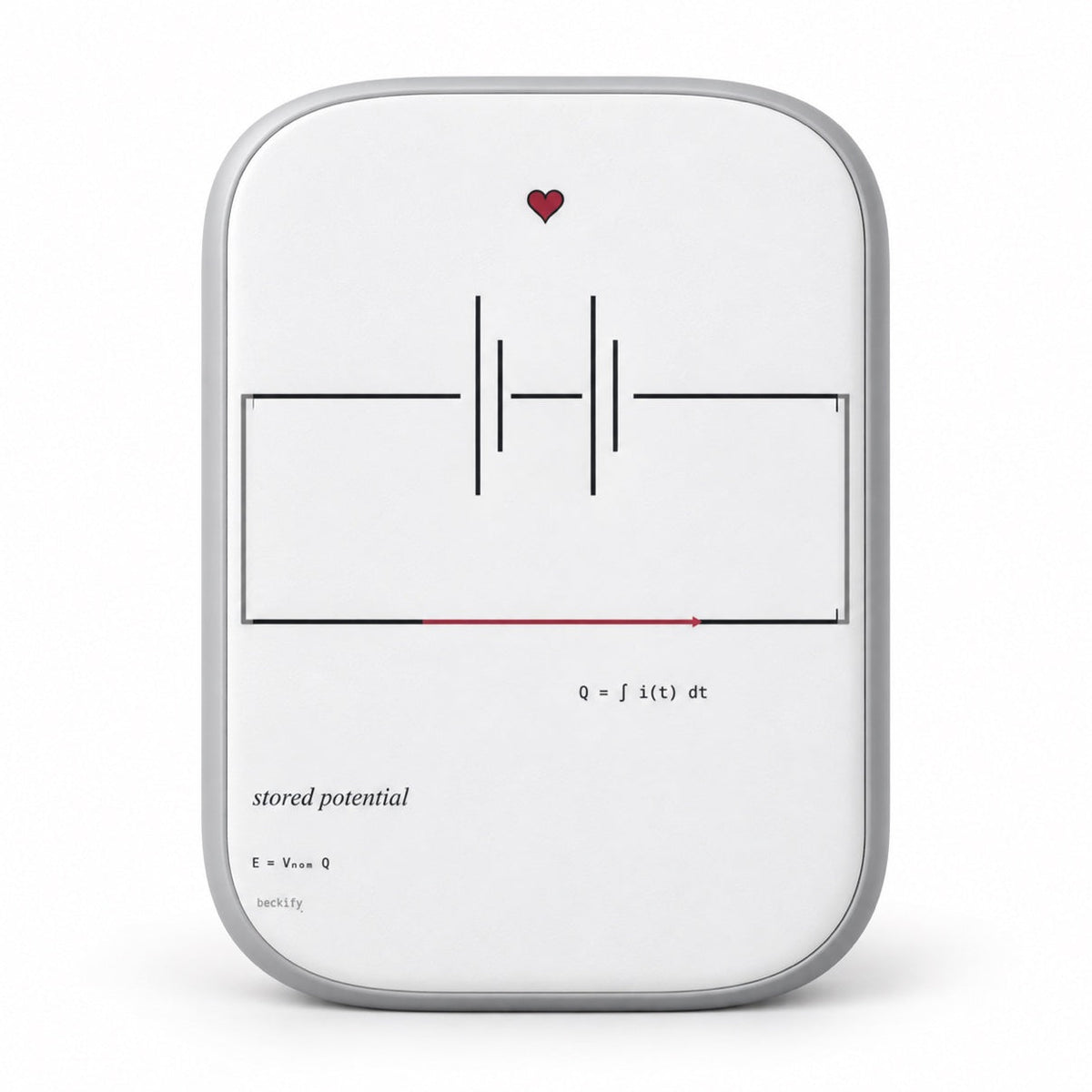Stored Potential wireless power bank, front view with battery symbol print