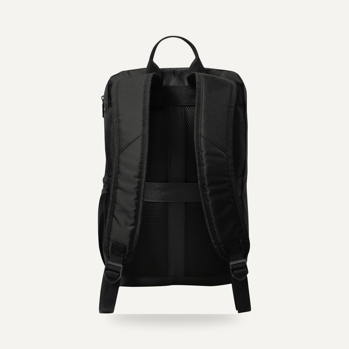 Back of the black city backpack with padded straps and top handle.