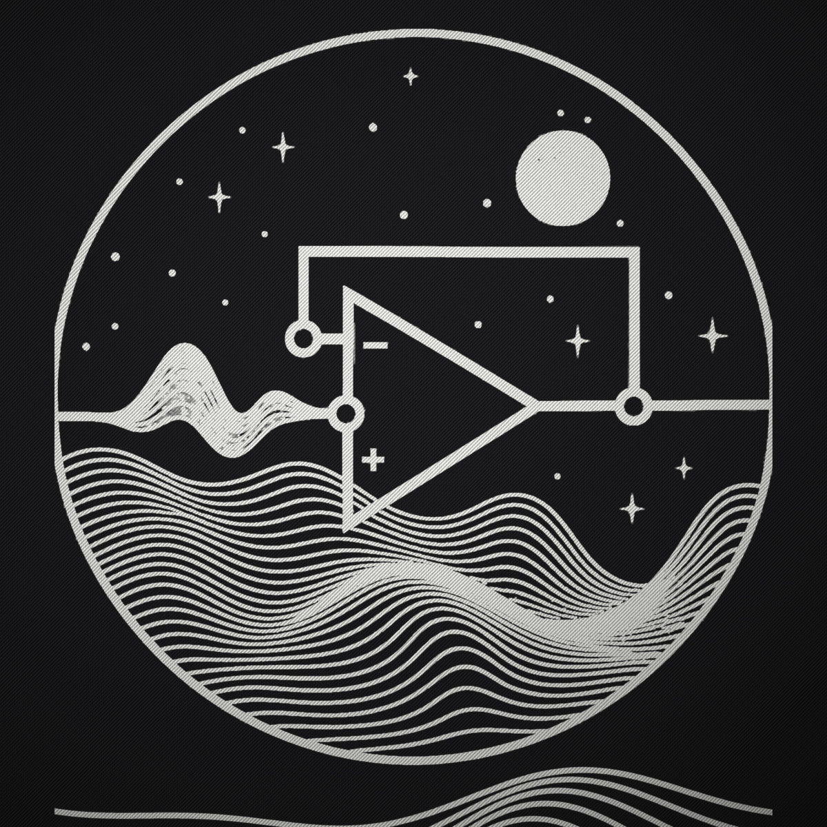 Close-up of the circular line art with stars, moon, op-amp triangle and waves, with wave lines continuing below.