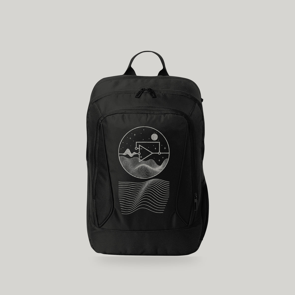 Black city backpack on a light gray background.