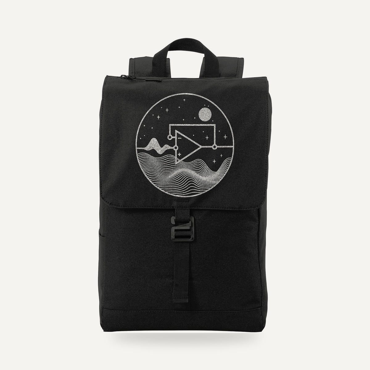 Black rucksack, front view, with a cream circular op-amp line illustration on the flap.