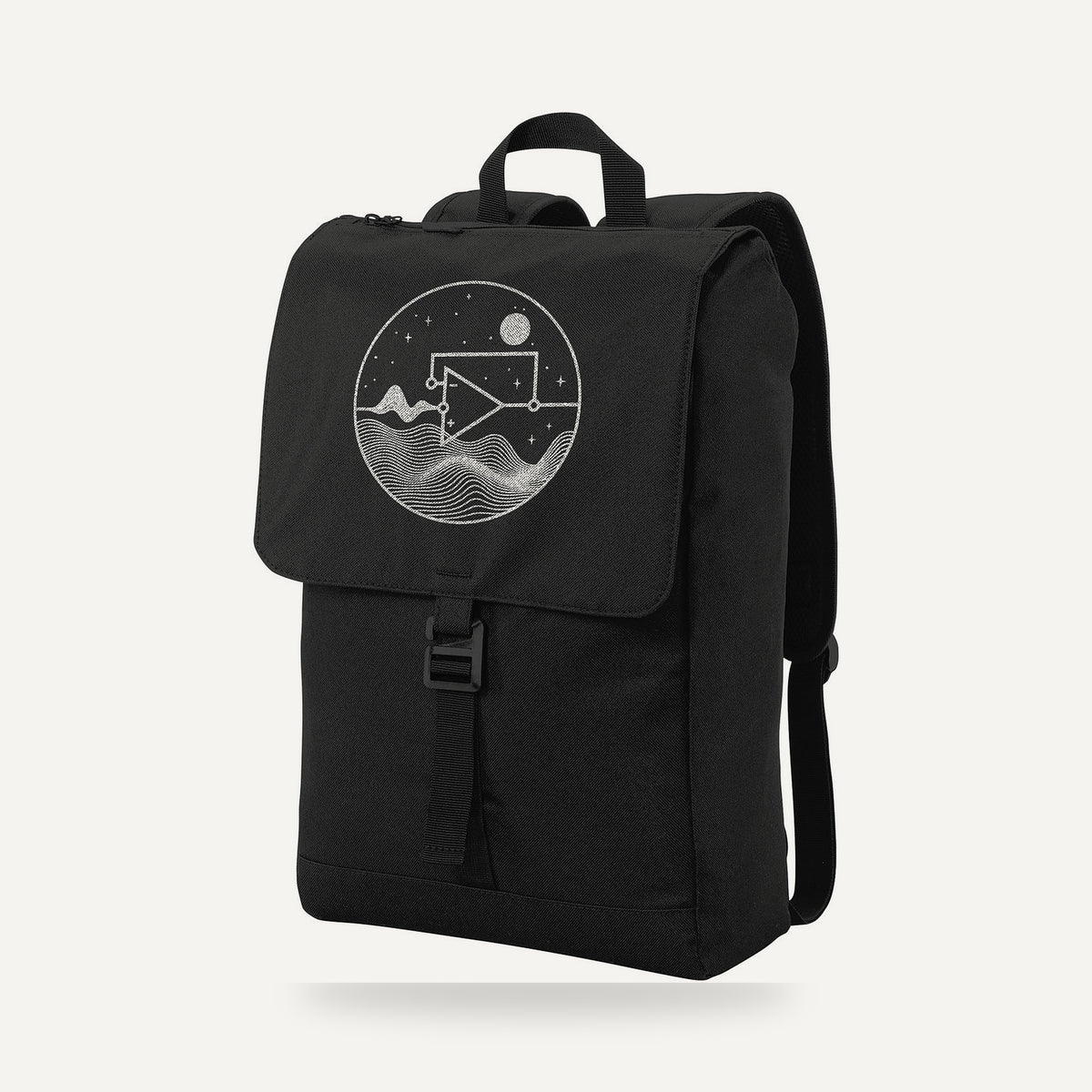 Black rucksack at a three-quarter angle showing the circular illustration on the flap.