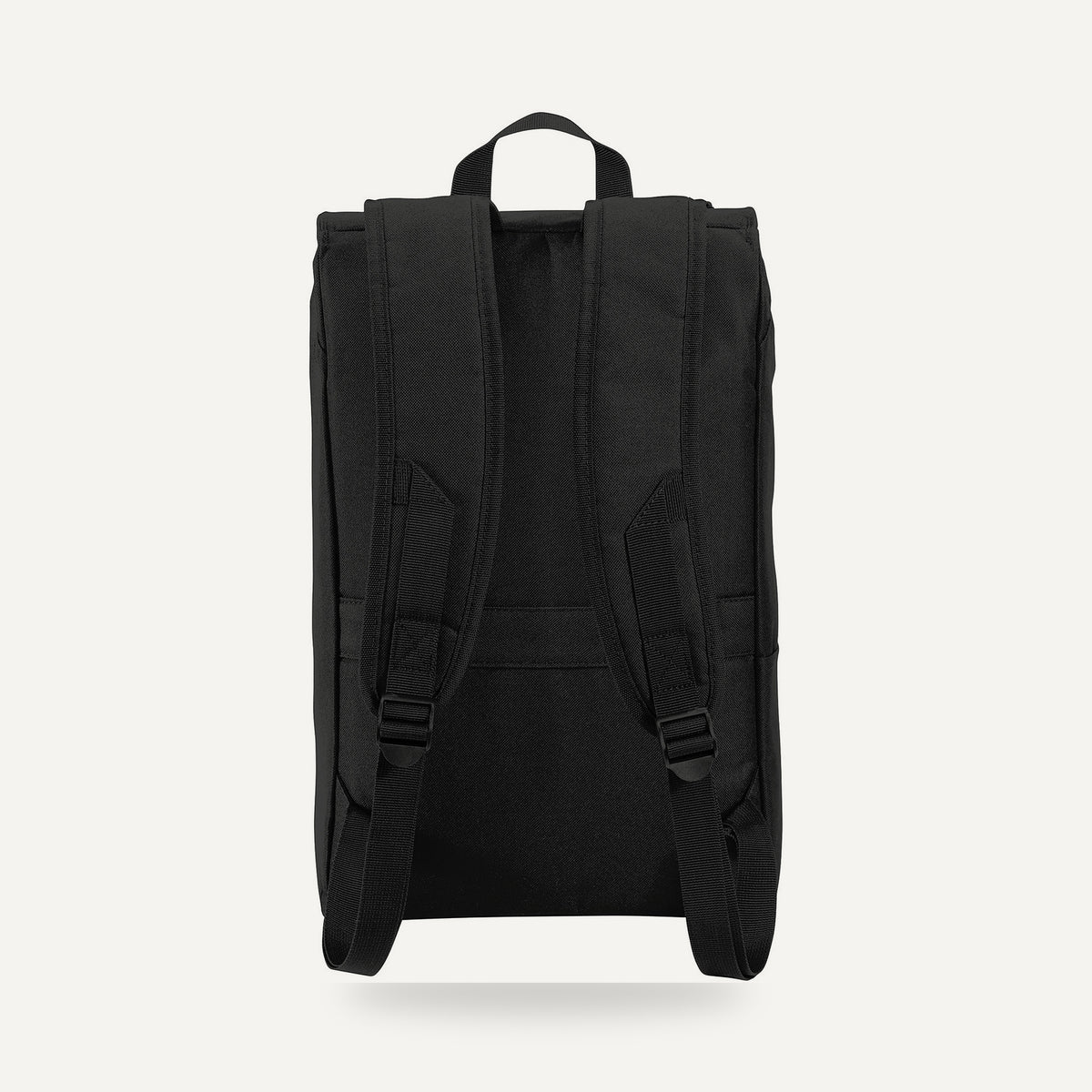 Back of the black rucksack showing shoulder straps and top handle.