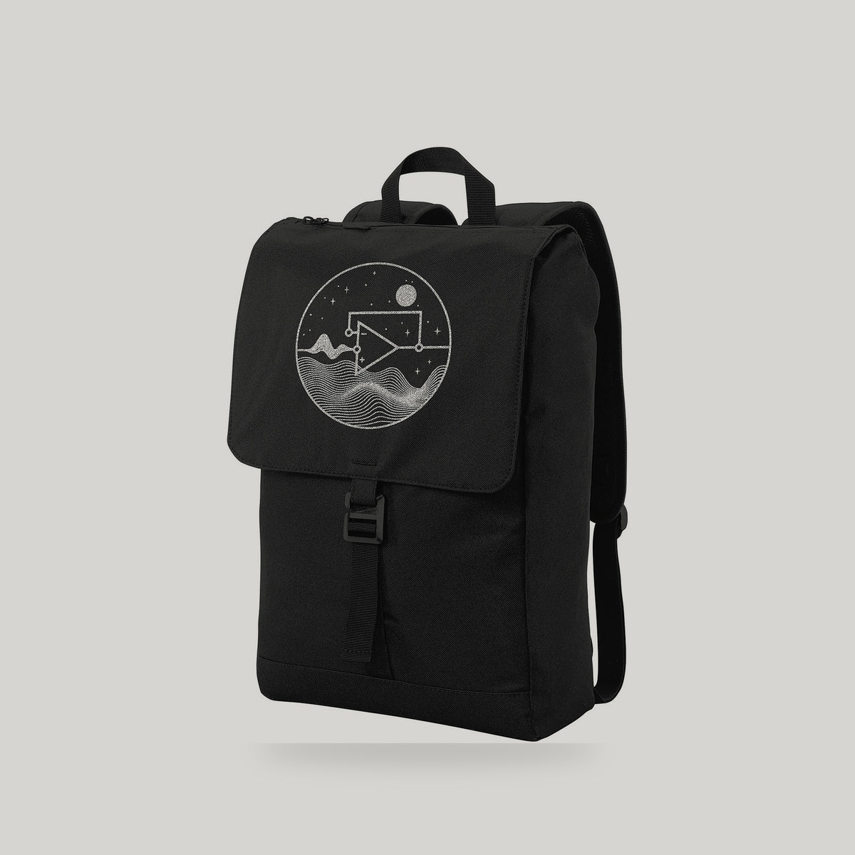 Black rucksack at an angle on a light gray background.